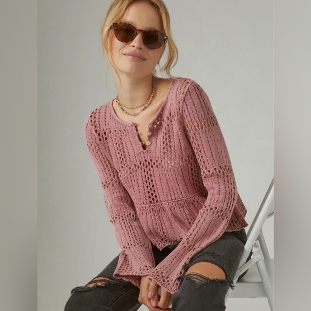 Lucky Brand Open Stitch Peplum Long Bell Sleeve Sweater Top Crochet style Small